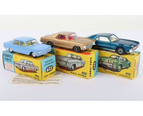 Three Boxed Vintage Corgi USA Cars, 229 Chevrolet Corvair, pale blue body, lemon interior, flat spun wheel hubs, in good orig