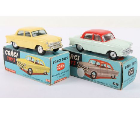 Two Corgi Toys Standard Vanguard III Saloons, 207 red/ light pale green, silver trim, flat spun wheels, in near mint original