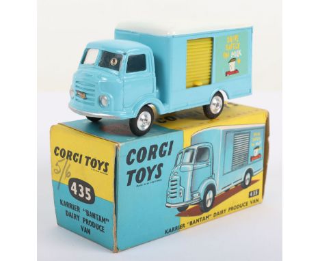 Corgi Toys 435 Karrier Bantam Dairy Produce Van ‘Drive Safely on Milk’ light blue/white body, yellow plastic shutter, shaped 