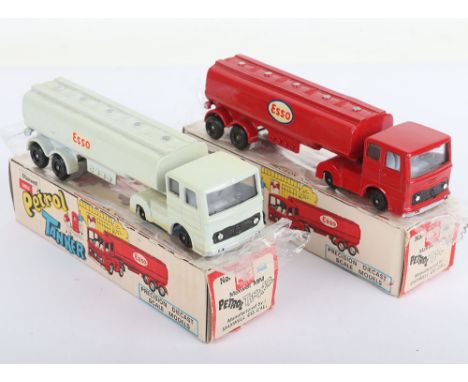 Two Maxwell Toys India No 566 Esso  Petrol Tankers, 1. red body, black plastic wheel hubs, jewelled headlights, 2. Light grey