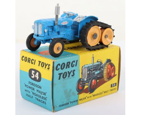 Corgi Toys 54 Fordson “Power Major” Tractor with Roadless Half Tracks, blue body, orange plastic rollers/wheels, black rubber
