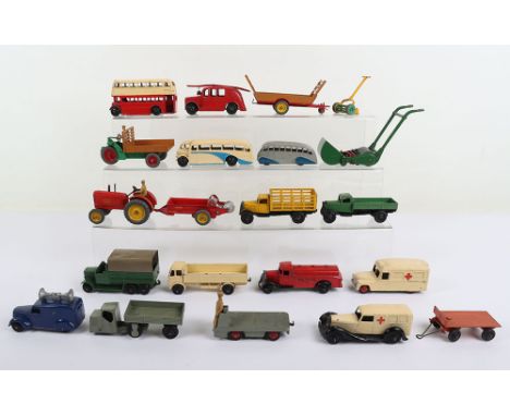 Dinky Toys Commercial & Farm Models, including: Post war 14a B.E.V. truck, grey body, red wheel hubs,25a Wagon, type 4, green