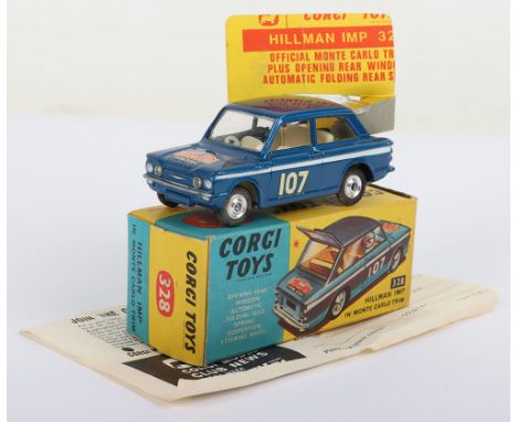 Vintage Corgi Toys 328 Hillman Imp 1966 Monte Carlo, metallic dark blue, white interior, spun wheel hubs, no.107, in near min