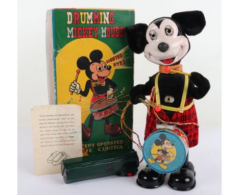 Linemar Japanese Battery Operated Drumming Mickey Mouse, copyright @Walt Disney Productions, Mickey Mouse with lithographed d
