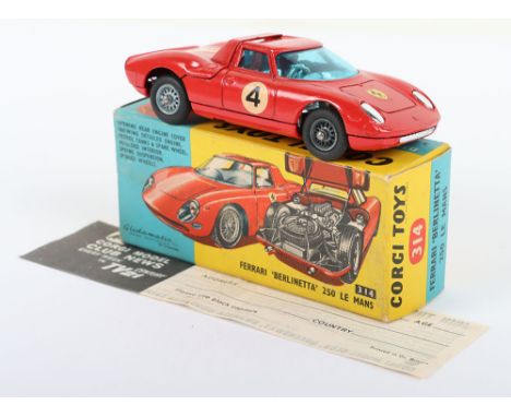 Corgi Toys 314 Ferrari ‘Berlinetta’ 250 Le Mans, red body, yellow stripe no ‘4’ spoked wheels, in near mint original conditio