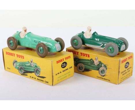 Two Boxed Dinky Toys Racing Cars,23g Cooper Bristol Racing Car, green body/wheel hubs, white driver RN’6’ and 23j H.W.M. Raci