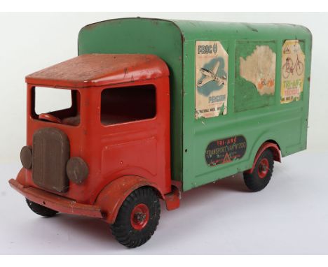 Tri-ang large scale tinplate Transport Van, LB2121, red cab and green back with advertisements for Tri-ang Pedal cars and Tri