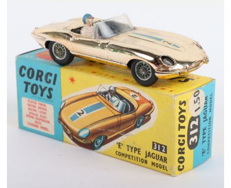 Corgi Toys 312 E Type Jaguar Competition Model, light gold vacuum plated body, black interior, racing driver, RN ’2’ spoked w
