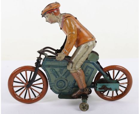 Scarce  Kico (Germany) Tinplate Clockwork Twin Cylinder Motorcyclist, circa 1920’s lithographed tinplate motorcycle, light bl