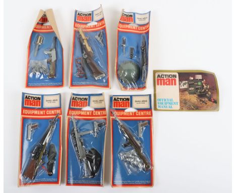Six Vintage Action Man Palitoy Small Arms Equipment Centre Carded Sets,  Cat no.34266, including 9mm Schmeisser & Luger pisto