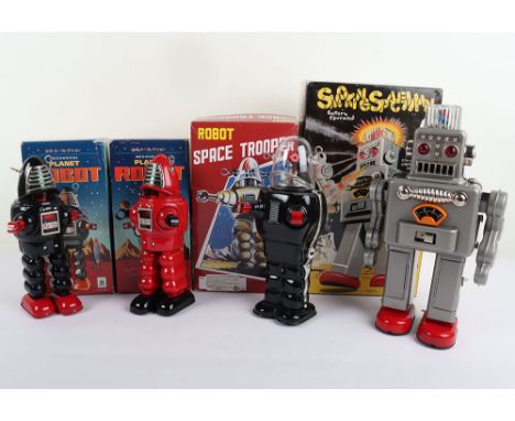 Four Recent Issue HA HA Toy Boxed Tinplate Robots, battery operated Smoking Space-man, mechanical Robot space trooper, red me