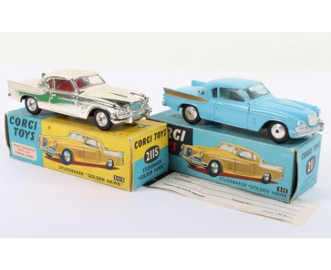 Two Boxed Vintage Corgi 211 Studebaker Golden Hawks,  211 blue body, gold rear wing flashes, flat spun wheels, blue tinted sc