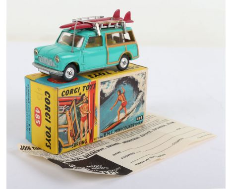 Vintage Corgi Toys 485 Surfing with The B.M.C. Mini Countryman, turquoise body, yellow interior, silver grille, spun shaped w