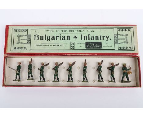 Britains boxed set 172, Bulgarian Infantry, 1930, seven Infantrymen marching at the trail and Officer with sword, with additi