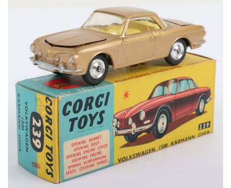 Corgi Toys Vintage 239 Volkswagen 1500 Karmann Ghia, gold body, yellow interior, spun wheel hubs, complete with luggage in bo