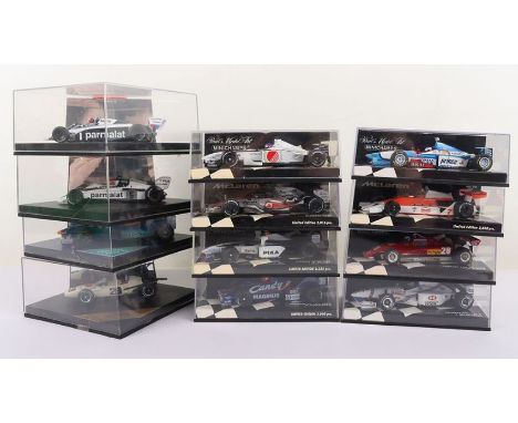 Minichamps F1 racing cars 1:43 scale, eight various cars including Bar Honda 03 J Villeneuve, McLaren Ford M26 J hunt, Vodafo