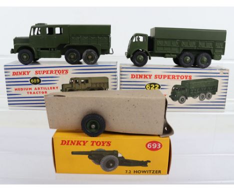 Three Boxed Vintage Military Dinky Toys,  622 Foden 10-Ton Army Truck, in Supertoys blue/white stripe box, 689 Medium Artille