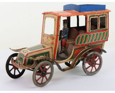 Early tinplate clockwork Motor Car by R & co, circa 1900, attractively lithographed in red, cream and green, with gold runnin