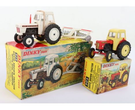 Dinky Toys 325 David Brown Tractor with Disc Harrow, 305 David Brown Selectamatic 990 tractor, white cab/cowl, front white pl