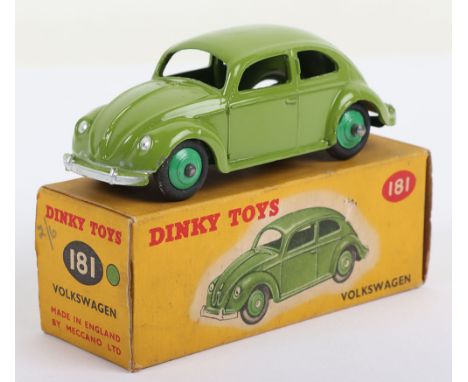 Boxed Vintage Dinky Toys 181 Volkswagen (Beetle) lime green body, mid green wheel hubs, silver trim, near mint original condi