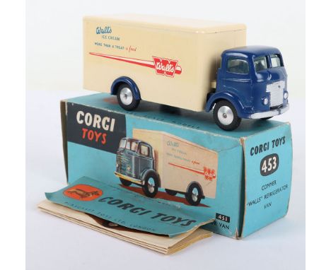 Corgi 453 Commer Walls Ice Cream Refrigeration Van, dark blue cab/chassis, cream back, smooth roof, flat spun wheel hubs, in 