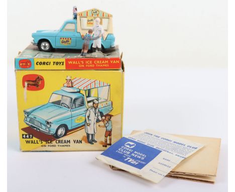 Corgi Toys Vintage 447 Ford Thames Walls Ice Cream Van, light blue/cream body, ‘Walls Ice Cream’ decals to doors, shaped spun