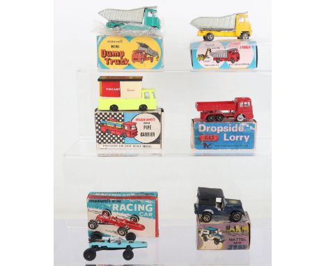 Six Maxwell Toys India Boxed Models, 504 Racing Car, blue body,535 Freight Carrier (missing one side door) 575 Dump Truck, gr