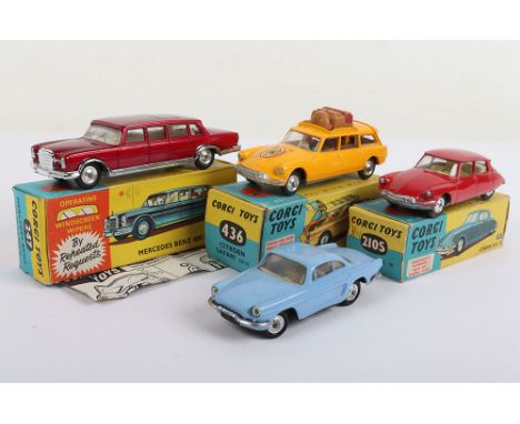 Three Boxed Corgi Toys Vintage European Models,210S Citroen D.S. 19 with suspension, red body, lemon interior, shaped spun wh