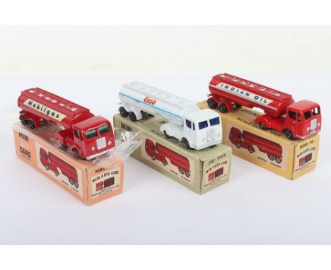 Three Milton Mini Auto Cars India 314 Petrol Tankers, 1. Indian Oil, red body, silver trim, 2. Esso, white body, blue stripe 
