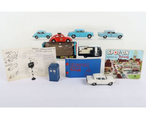 Six Tri-ang Spot On Models unboxed, 157 Rover 3 Litre with working lights, blue body, with leaflet, biro graffiti on reverse 