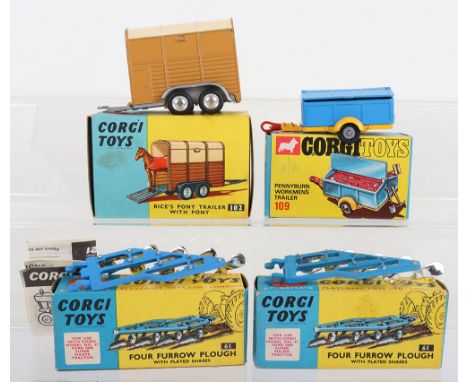 Vintage Corgi Toys 102 Rices Pony Trailer with Pony, tan body, cream roof, shaped spun wheels, with pony, 109 Pennyburns work