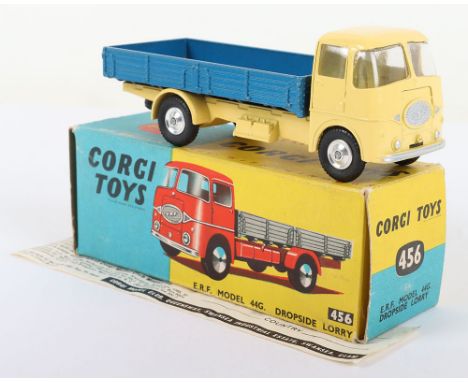 Corgi Toys 456 E.R.F. Model 44G Dropside Lorry, yellow cab and chassis, metallic blue back, shaped wheel hubs, in mint origin