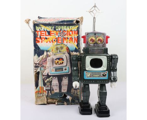 Boxed Alps battery operated Television Spaceman, Japanese 1960s, first version tinplate Robot with metal antenna, plastic pin
