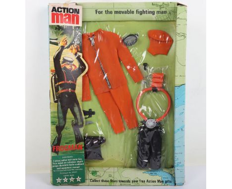 Vintage Action Man Palitoy Frogman Catalogue No. 34502, contents: 3 piece orange rubber suit, swim fins, face mask, air cylin