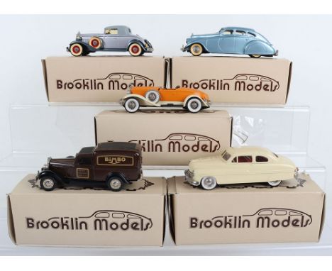Five Brooklin Scale cast  metal Automobiles 1/43 scale,No.1 Pierce Arrow Silver Arrow, metallic silver blue, 1933, No.6 Packa