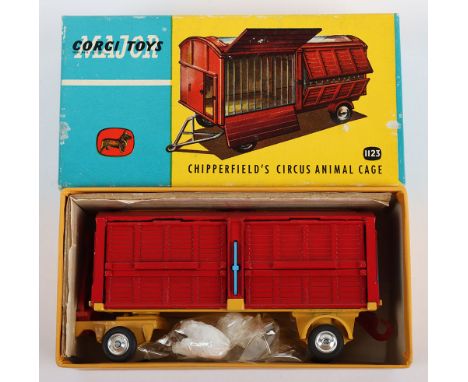 Vintage Corgi Major Toys 1123 Chipperfield’s Circus Animal Cage, red body, yellow chassis, shaped spun wheel hubs, blue plast
