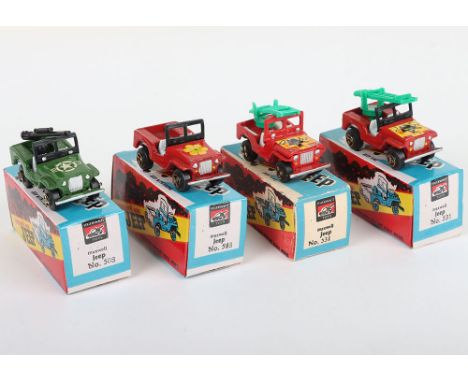 Four Maxwell Toys India Jeeps,  copies of Matchbox Jeep, 508 Jeep red, with flower decal, in cellophane bag, Military Jeep, g
