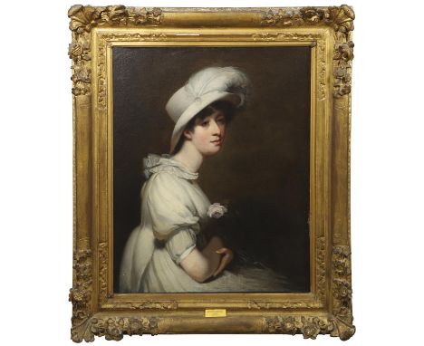 Seated half length, wearing a white dress and hat, with a pale pink corsage, oil on canvas, in an associated frame (possibly 