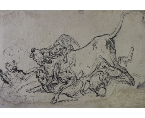 Comprising an ink drawing of hounds attacking a bullock, formerly ascribed to Jan Fyt, 26 x 39cm; a brown wash and black cray