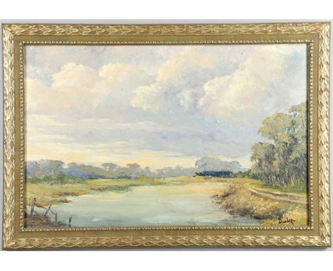 Bears signature recto and verso, oil on board 38.5 x 59.5cm. *Condition: Some retouching in sky; needs a light clean.