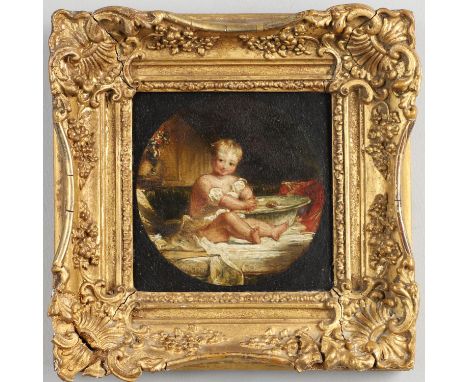 Oil on panel, within a painted circle 13.5 x 13.5cm approx. * An old handwritten inscription on the reverse of the frame sugg