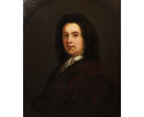 Quarter length, wearing a brown cloak, white neckcloth and long wig, oil on canvas, within a painted oval 73.5 x 61cm. Proven