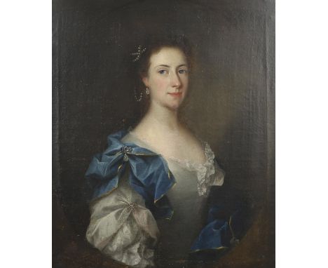 Quarter length, wearing a pale grey dress with light blue mantle affixed with pearl clasp, also wearing pearl jewellery, with