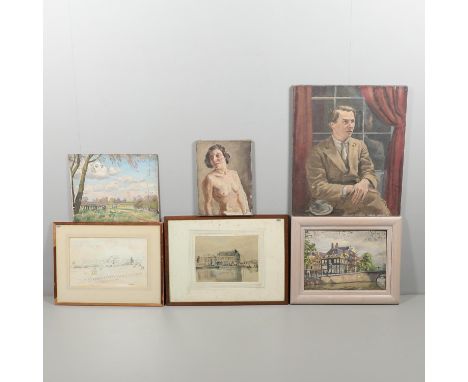 Comprising a portrait of a young man, signed, 60.5 x 50.5cm.; a portrait study a nude lady, half length, 35.5 x 25cm.; a scen