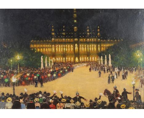 Signed and dated 1915, bears later inscription verso by another hand (`Kaiser Franz Joseph/ Jubilee/ Opera House`), oil on bo