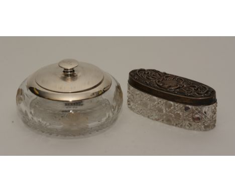 A silver topped and crystal powder jar by Mappin & Webb, hallmarks for Birmingham 1925-26, with detachable silver lid, monogr