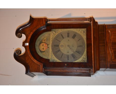 A 19th century mahogany inlaid eight day longcase clock, the hood with broken swan pediment, terminating in gilt scrolls with