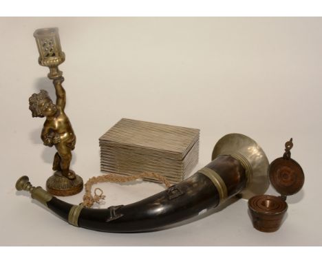 A mixed lot of 19th century and later brass and metal wares, to include brass candlestick in the form of classical child, set