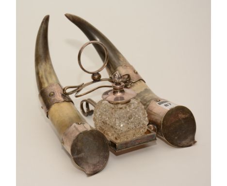 A horn and silver plated deskstand, in the form of a pair of antlers, with plated mounts and cut glass inkwell, 16cm high x 3