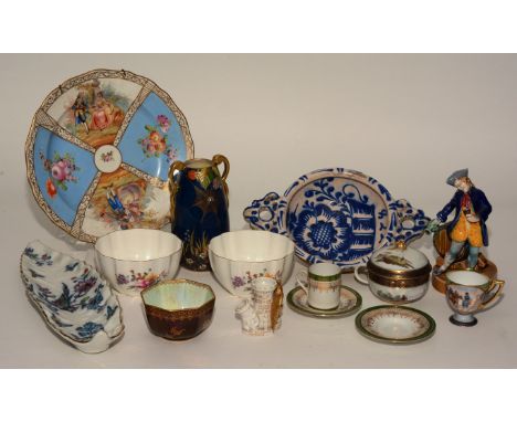 A mixed lot of 19th century and later porcelain, to include Meissen plate with classical foliate panels and crossed swords ma